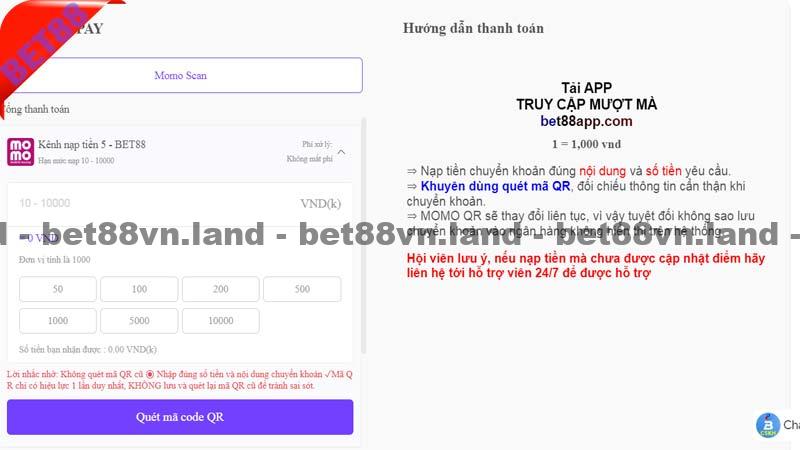 Sử dụng ví MOMO để nạp tiền bet88